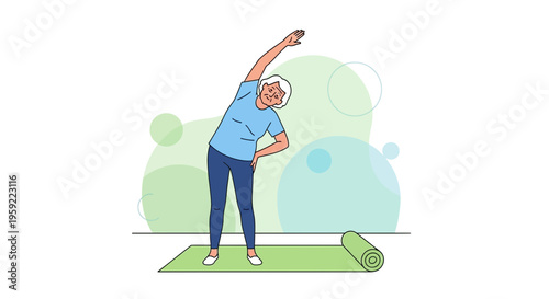 Elderly Woman Stretching on Yoga Mat, Practicing Healthy Lifestyle and Fitness