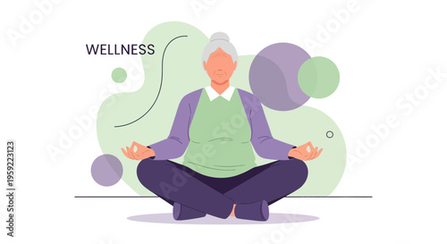 Elderly woman meditating in lotus pose, promoting wellness and healthy lifestyle for seniors.