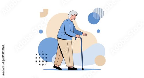 Elderly Woman Walking with Cane, Abstract Shapes Background, Senior Lifestyle Concept