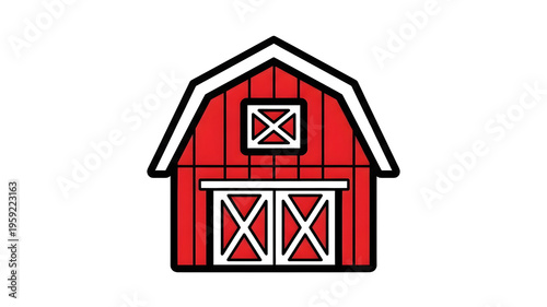 Red barn icon with white accents in flat vector style