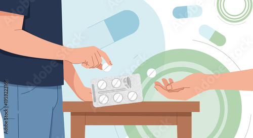 Handing over pills from blister pack, drug prescription, medical treatment, healthcare concept