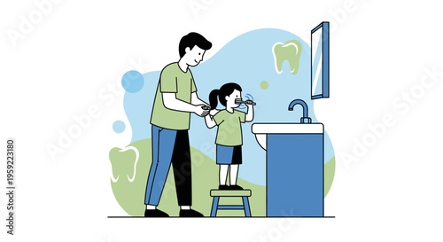 Father Teaching Daughter Brushing Teeth in Bathroom, Healthy Dental Hygiene