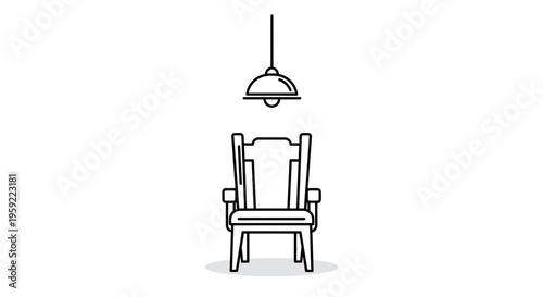 Minimalist illustration of a single chair under a hanging lamp, concept of solitude or spotlight.