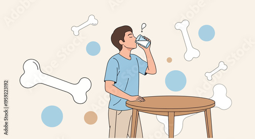 Healthy boy drinking water, surrounded by bones and bubbles, promoting bone health