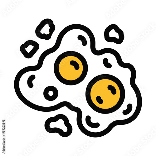 Stylized illustration of two sunny-side-up fried eggs with golden yolks and scattered egg white pieces.