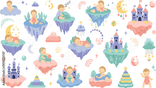 Cute Baby Fantasy Dreamland Vector Set with Sleeping Infant Characters on Floating Islands, Fairytale Castles, Moon and Stars Illustration for Nursery Design and Kids Graphics.