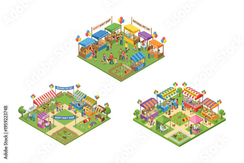 Vibrant Outdoor Farmers Market Scenes Isometric Illustration Set
