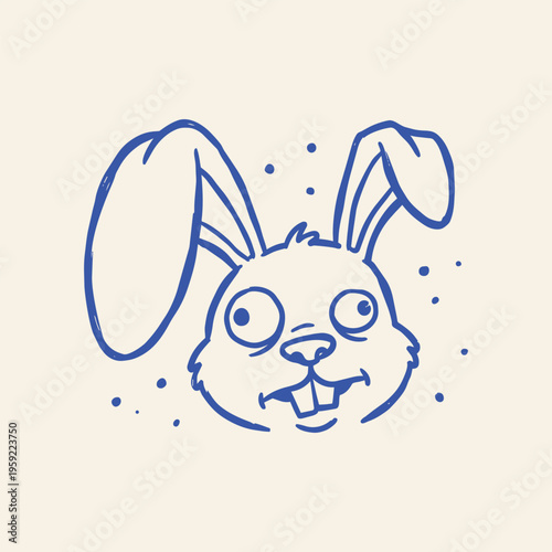 Funny Crazy Rabbit Character Illustration, Quirky Hand Drawn Blue Line Art Bunny Mascot with Big Eyes and Buck Teeth on Cream Background