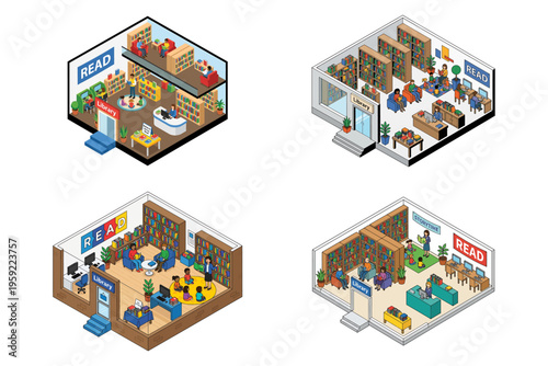 Collection of isometric library designs promoting reading culture