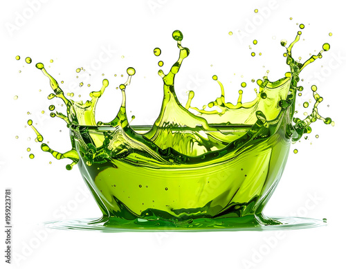 Vibrant green liquid splashes dynamically from a glass bowl, creating an energetic motion