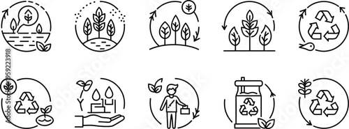 Eco-Icons of Sustainability: A collection of illustrative icons embodying themes of environmental conservation, recycling, and the harmonious coexistence of nature and responsible practices.