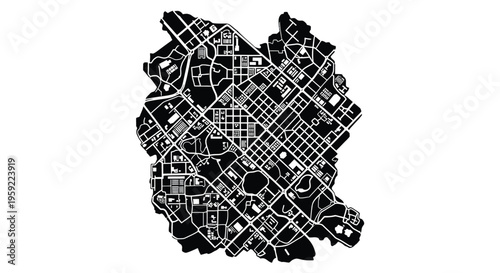 Abstract black and white illustration of a dense urban city map layout