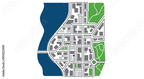 Abstract city map illustration with blue water and green park areas