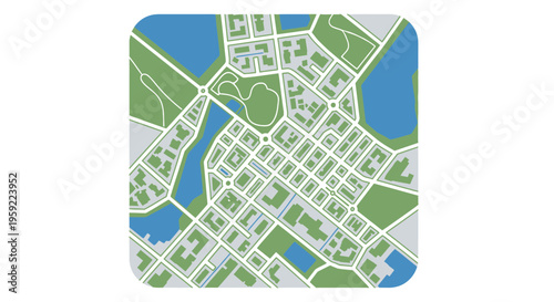 Abstract city map illustration with blue water features and green spaces