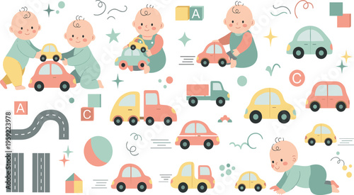 Cute Baby Playing with Toy Cars Vector Set Featuring Crawling Sitting Infants, Colorful Vehicles, Early Childhood Activity Illustration for Kids Learning and Nursery Design.