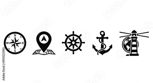 Nautical themed icons compass map ship wheel anchor and lighthouse illustration
