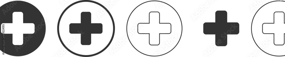 Obraz premium Plus icon set, collection of add symbols and addition signs including medical plus icons for UI design, interface graphics, and healthcare applications.