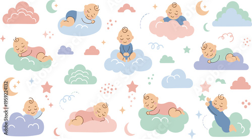 Cute Sleeping Baby on Clouds Vector Set with Dreaming Infant Characters, Night Sky Elements, Stars Moon Illustration for Nursery Design and Kids Graphics.