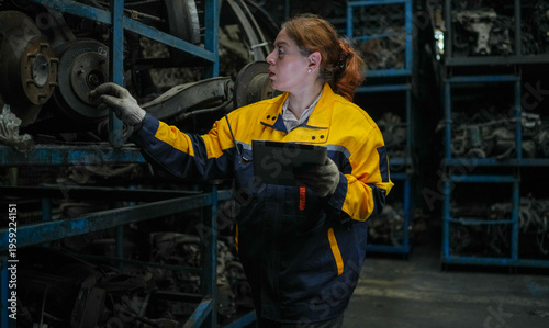 Hispanic worker repairing and maintaining vehicles using tools. Female Latin engineer working in dirty junkyard old used auto car part warehouse for recycle or repair. Empowerment woman