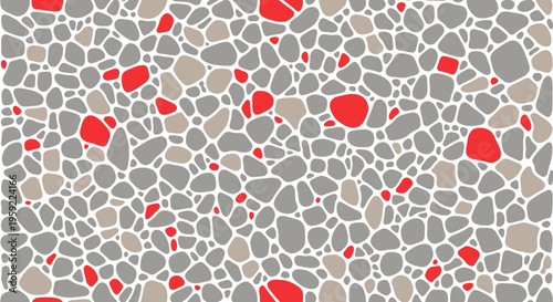 Abstract mosaic pattern of irregular pebbles in grey, beige, and red colors