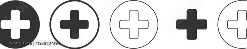 Plus icon set, collection of add symbols and addition signs including medical plus icons for UI design, interface graphics, and healthcare applications.