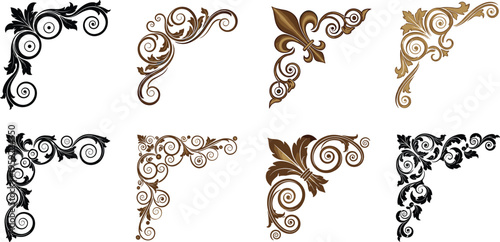 Elegant Decorative Corner Vector Set with Floral, Swirl, and Ornate Designs in Black, Gold, and Brown for Luxury, Vintage, and Art Projects