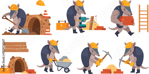 Construction Worker Armadillo Vector Set with Tools, Building Materials, and Labor Equipment for Worksite, Construction, and Animal Illustration Projects