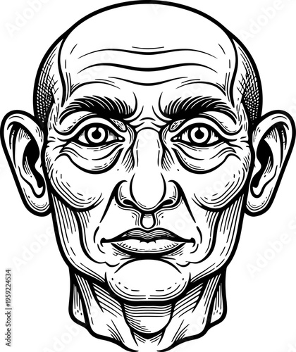 Frontal portrait of a bald man head