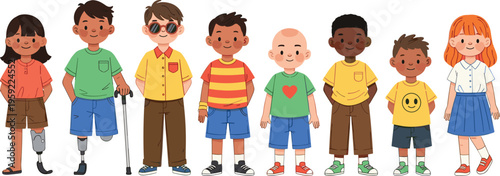 Diverse Group of Kids Vector Set with Different Clothing Styles and Accessories for Education, Social, and Inclusive Design Projects