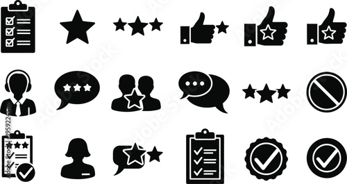 Customer Satisfaction Icon Set: A collection of meticulously crafted icons. Designed to visually represent key aspects of customer feedback and ratings, perfect for digital interfaces, applications.