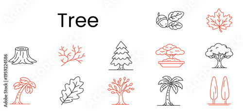 Tree set icon. Stump, branch, fir, bonsai, oak, palm, leaf, blooming tree, cypress, acorn, maple, nature, forest, garden, ecology, greenery