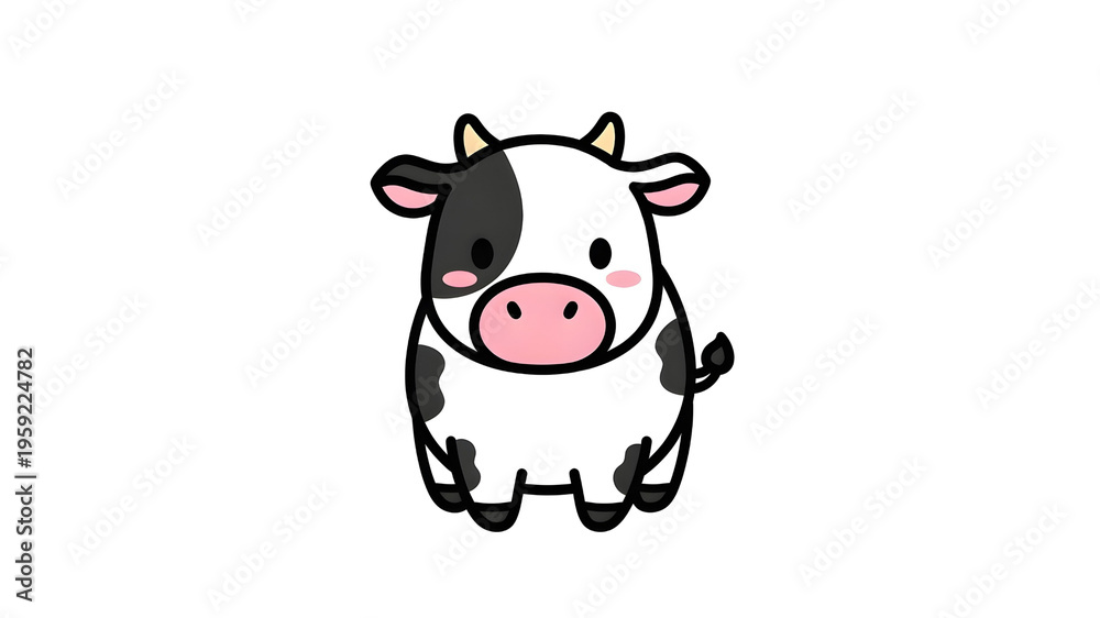 Fototapeta premium Cute cartoon cow character with black spots on white background