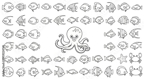 Foto A minimalist vector illustration of various sea creatures including fish, octopu