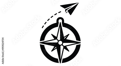 Black compass rose with a paper airplane flying towards the upper right