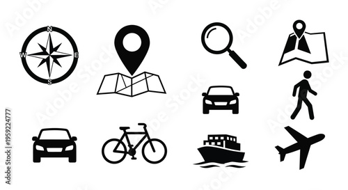 Black and white icons depicting travel navigation and various transportation methods