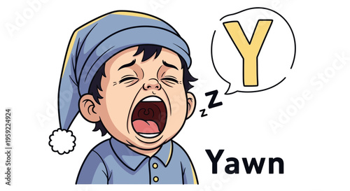 A cartoon boy wearing a blue sleep cap yawns with a speech bubble