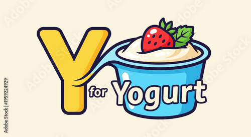 A colorful vector graphic illustration of a yogurt cup with a strawberry on top and the letter Y