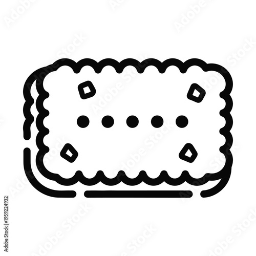 Black and white outline icon of a rectangular sandwich biscuit with a wavy edge and decorative holes, representing a sweet snack.