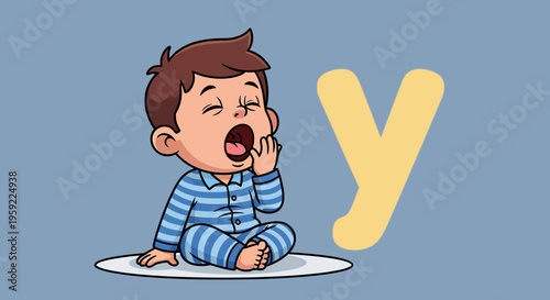 A cartoon boy yawning and covering his mouth with his hand next to a large yellow letter Y