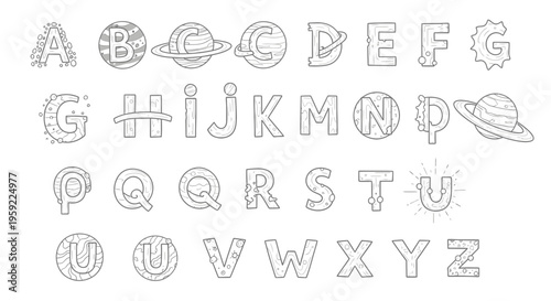 A vector graphic illustration of a stylized alphabet set with planetary and celestial themed letters