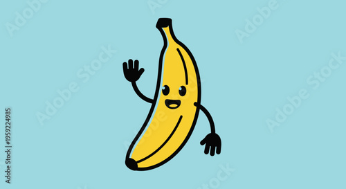 A cheerful cartoon banana with a smiley face and outstretched arms on a light blue background