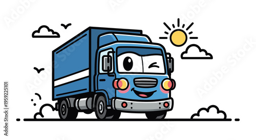 A cheerful blue cartoon truck driving under a sunny sky with clouds and birds