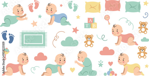 Cute Baby Crawling and Playing Vector Set with Infant Characters, Toys Pillows Footprints and Nursery Elements Illustration for Child Development and Kids Graphics.