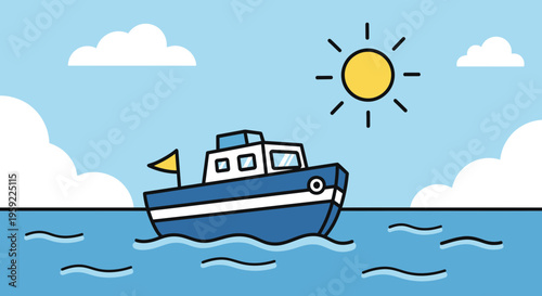 A cartoon boat sailing on calm waters under a sunny sky with fluffy clouds