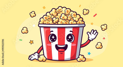 A cheerful cartoon popcorn bucket with a smiling face and waving hand surrounded by colorful stars and popcorn pieces