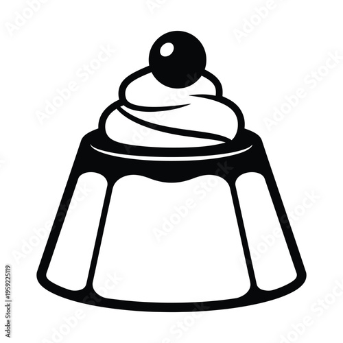 Black and white illustration of a classic dessert, a sweet pudding or flan topped with whipped cream and a single cherry.