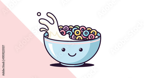 A colorful cartoon bowl of cereal with milk splashing into it on a pink and white background