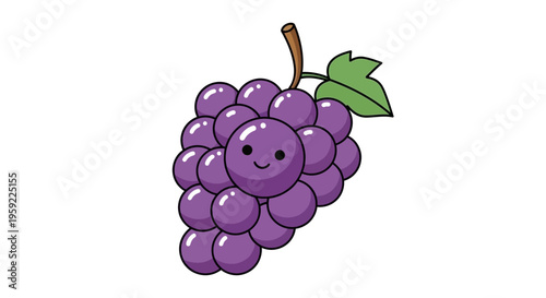 A cartoon bunch of purple grapes with a smiling face and green leaves on a white background