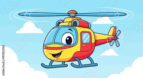 A colorful cartoon helicopter flying in a blue sky with fluffy white clouds