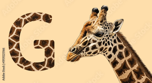 A creative illustration of a giraffe's head next to a large letter G made of giraffe print on a solid background